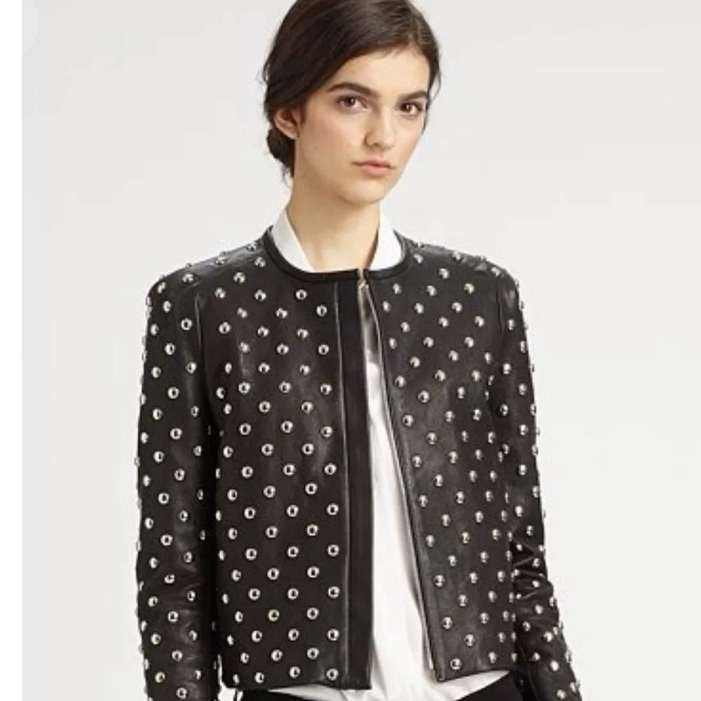 Diane von Furstenberg Kate black leather studded jacket size 6